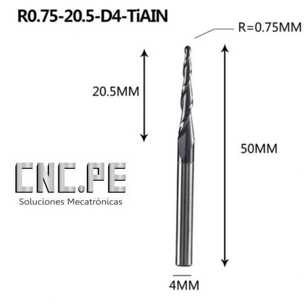 two flutes spiral tapered ball nose end mills 4*0.75*20.5mm